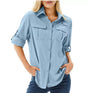 Women's long sleeve utility shirt with button front, roll-tab cuffs and multiple chest pockets