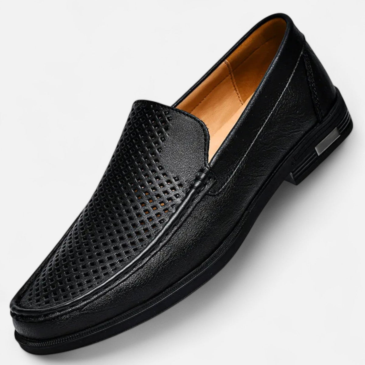Men's perforated slip-on loafer with stitched trim and flat sole