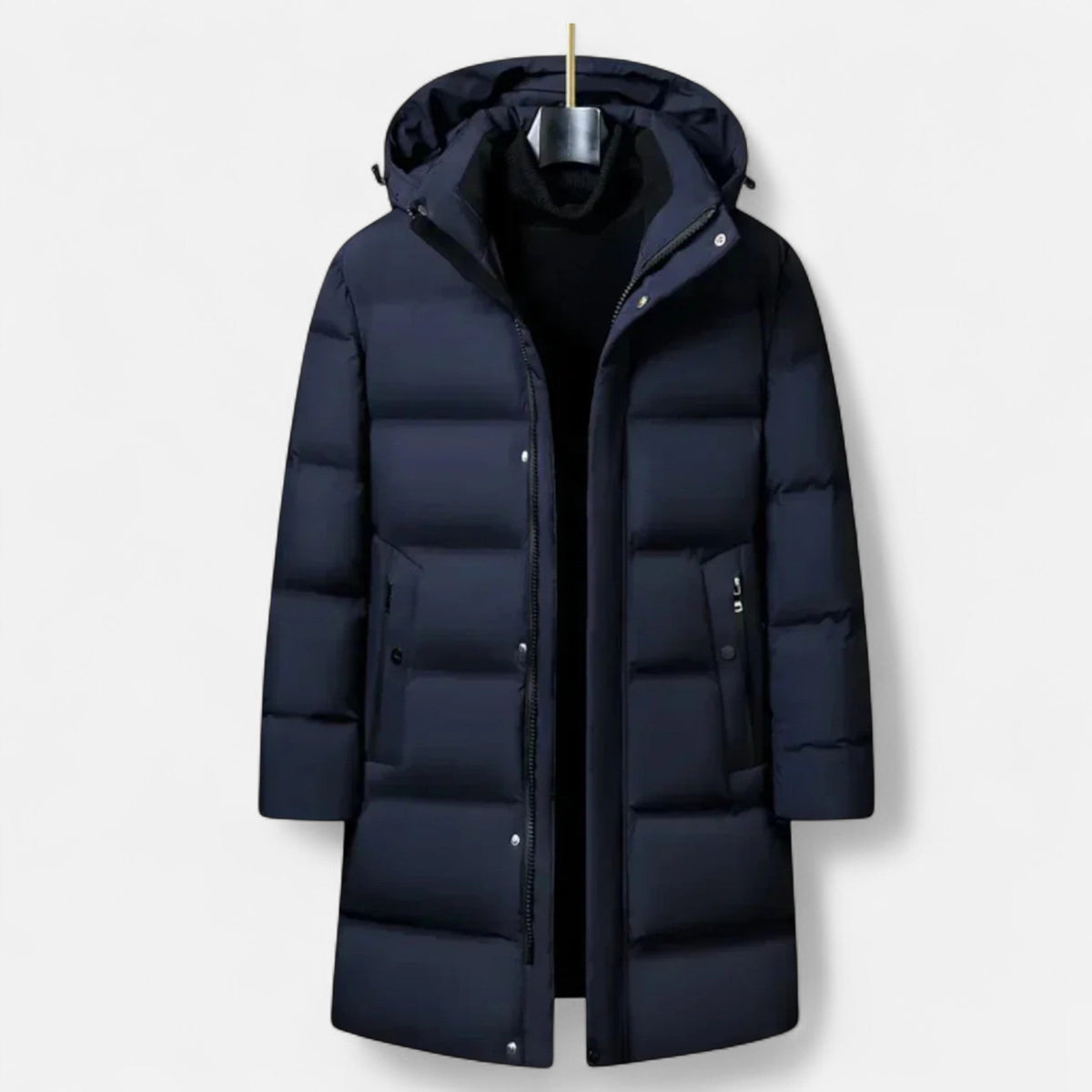 Men's long hooded quilted parka with zip front and snap placket