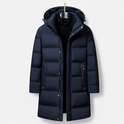 Men's long hooded quilted parka with zip front and snap placket
