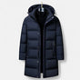 Men's long hooded quilted parka with zip front and snap placket
