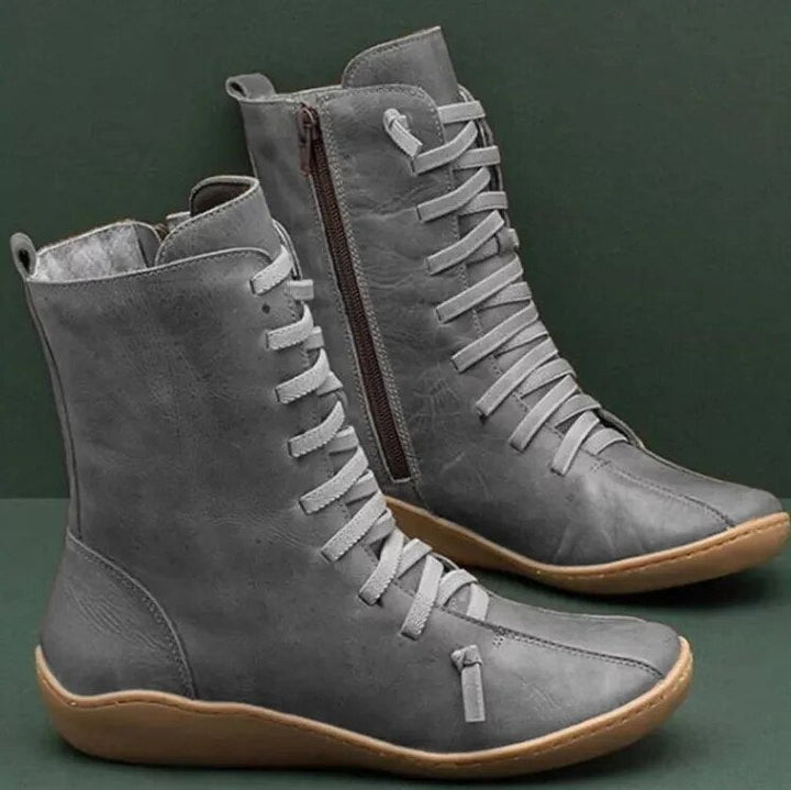 Unisex lace-up ankle boots with side zipper and round toes