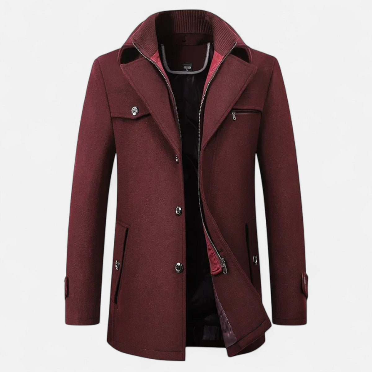 Men's long coat with stand collar, zip and button front