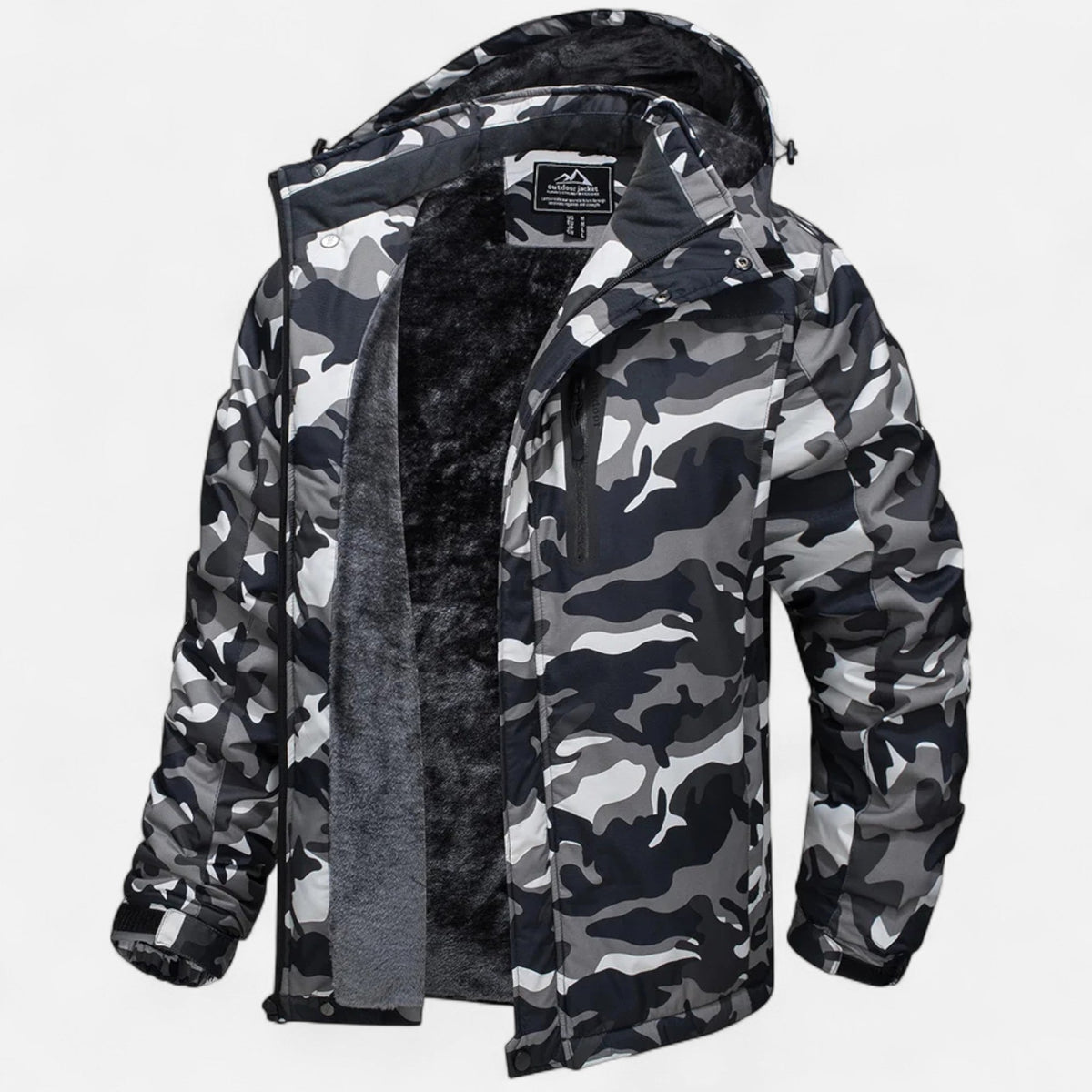 Men's hooded winter parka with fleece-looking lining and camouflage pattern