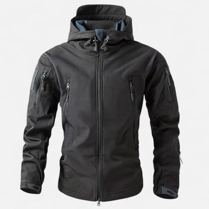 Men's hooded softshell jacket with full zip and multiple zipped pockets