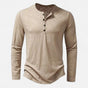 Men's long-sleeve henley shirt with mandarin neckline and button placket