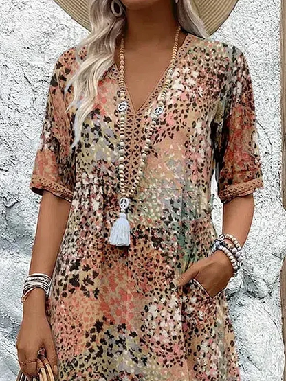 Women's relaxed print midi dress with V-neck and half sleeves in scarlet red and ocean blue colourways