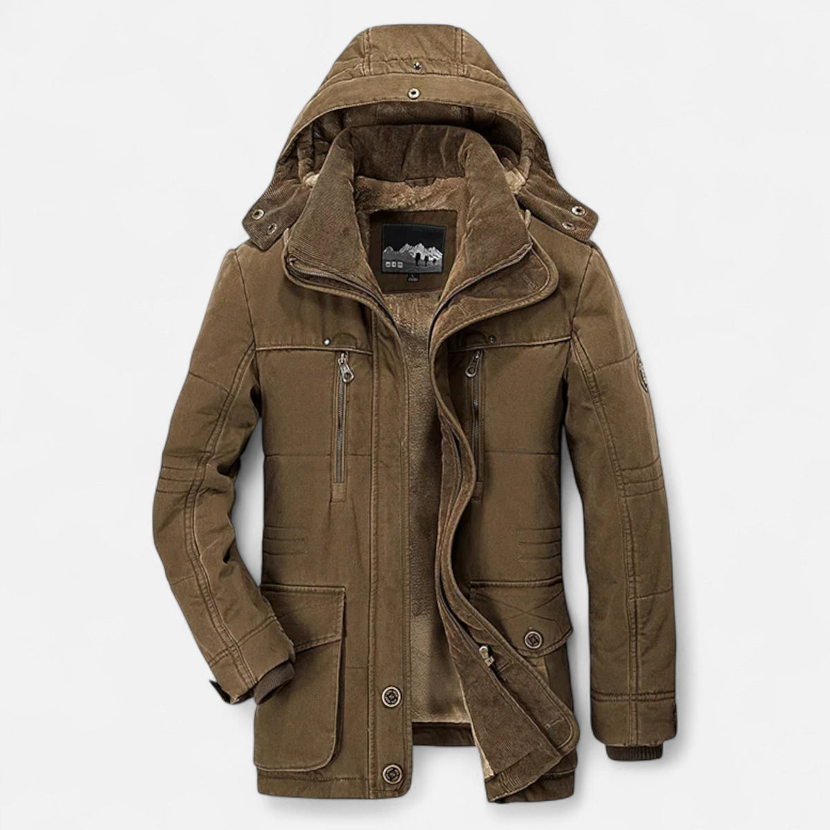 Men's hooded quilted parka jacket with multiple pockets and zip front