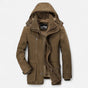 Men's hooded quilted parka jacket with multiple pockets and zip front