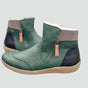 Women's zip ankle boots with round toe, checked collar and flat tan sole