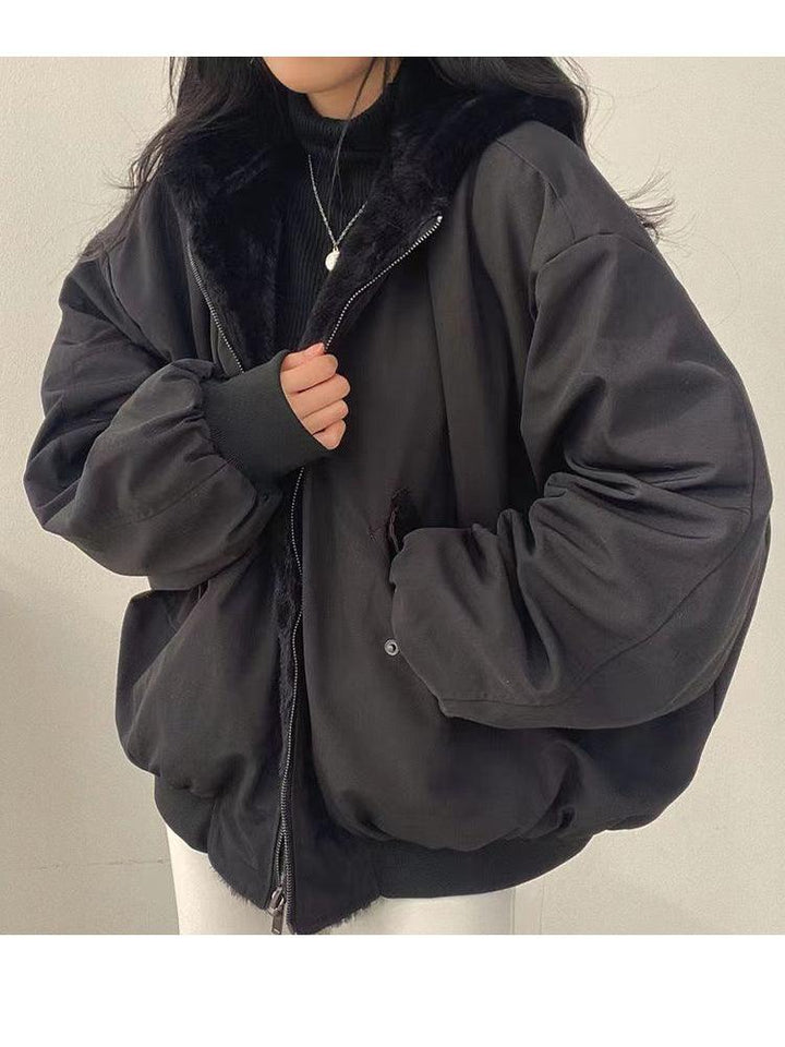 Women's reversible hooded bomber jacket with zip front and ribbed trims