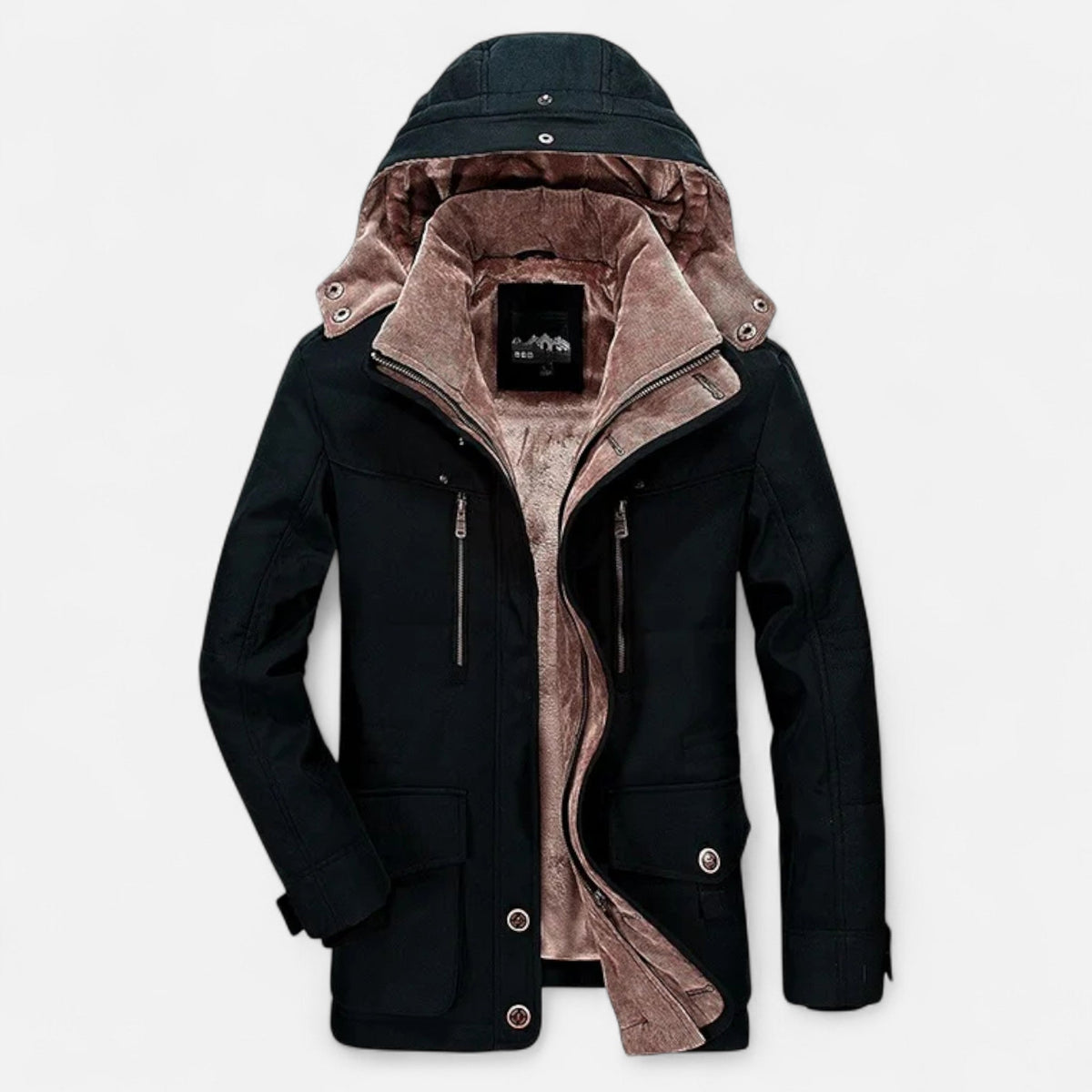 Men's hooded quilted parka jacket with multiple pockets and zip front