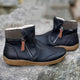 Women's zip ankle boots with round toe, checked collar and flat tan sole