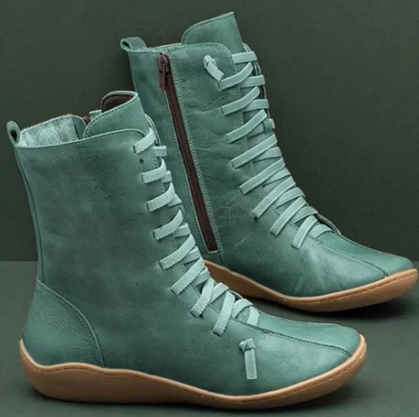 Unisex lace-up ankle boots with side zipper and round toes