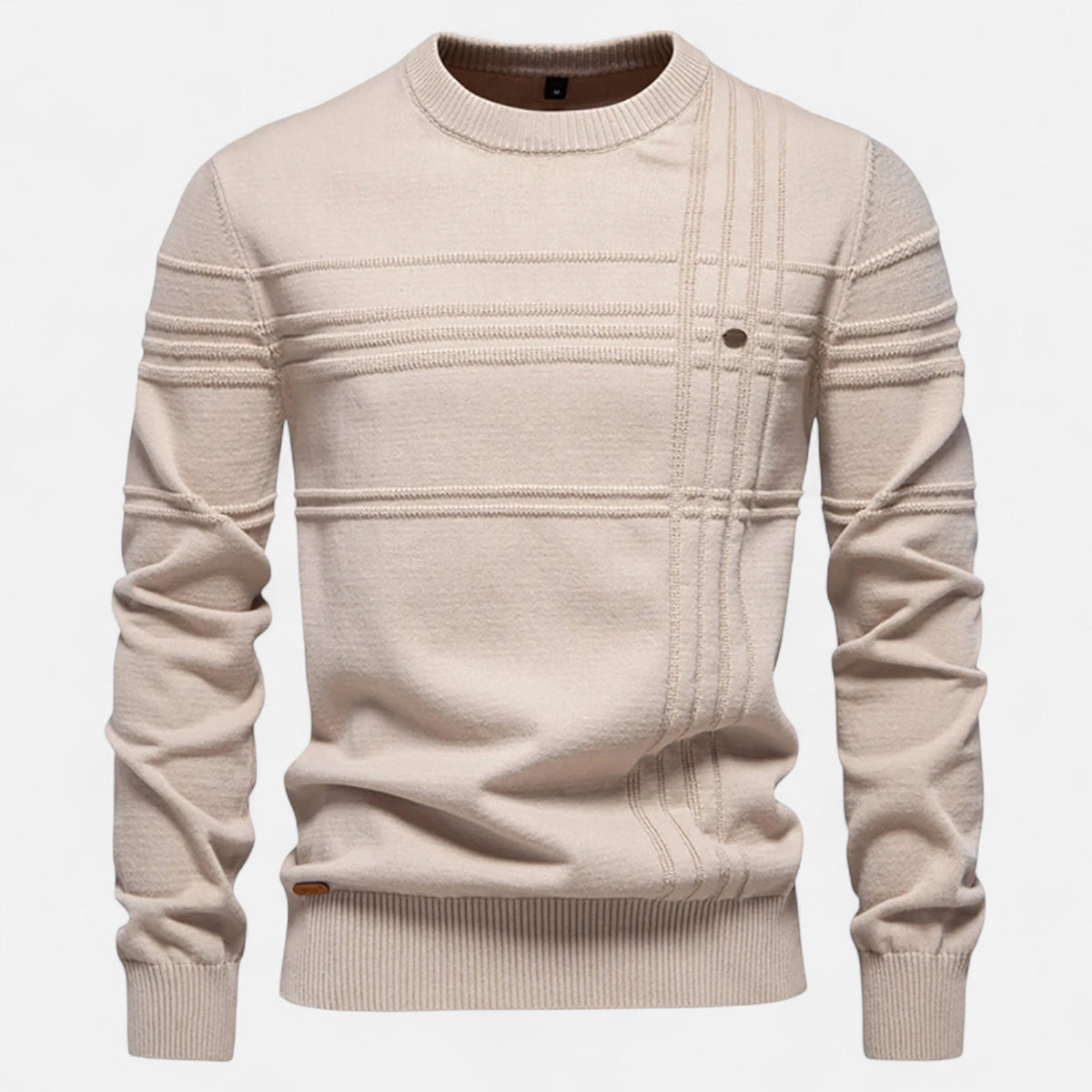 Men's long sleeve striped crew neck sweater with ribbed trims
