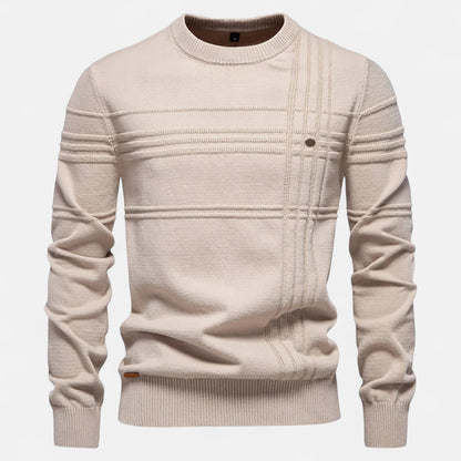 Men's long sleeve striped crew neck sweater with ribbed trims