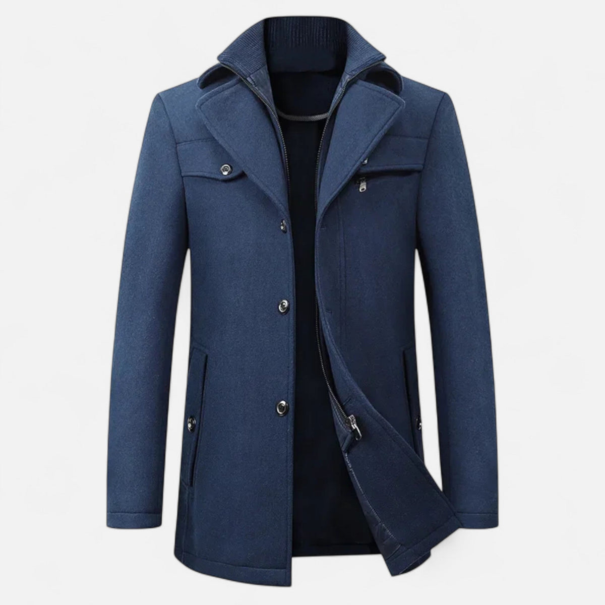 Men's long coat with stand collar, zip and button front