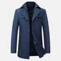 Men's long coat with stand collar, zip and button front