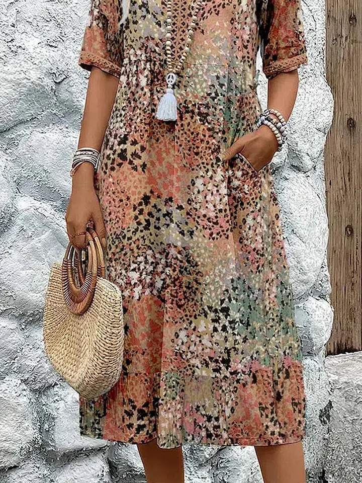 Women's relaxed print midi dress with V-neck and half sleeves in scarlet red and ocean blue colourways