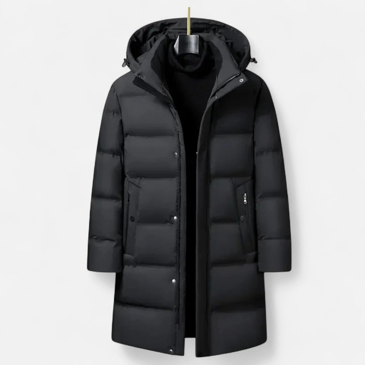 Men's long hooded quilted parka with zip front and snap placket