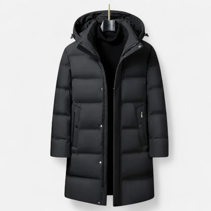 Men's long hooded quilted parka with zip front and snap placket