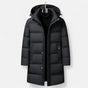 Men's long hooded quilted parka with zip front and snap placket