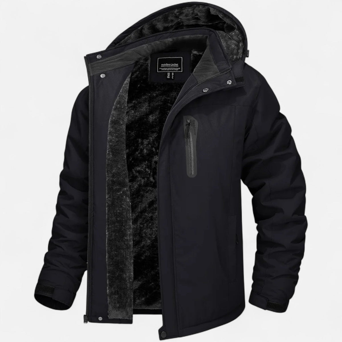 Men's hooded winter parka with fleece-looking lining and camouflage pattern