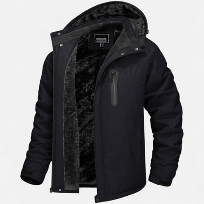 Men's hooded winter parka with fleece-looking lining and camouflage pattern