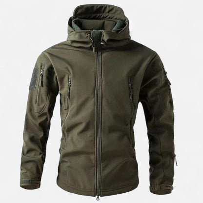 Men's hooded softshell jacket with full zip and multiple zipped pockets
