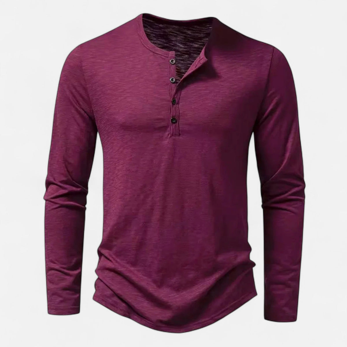 Men's long-sleeve henley shirt with mandarin neckline and button placket