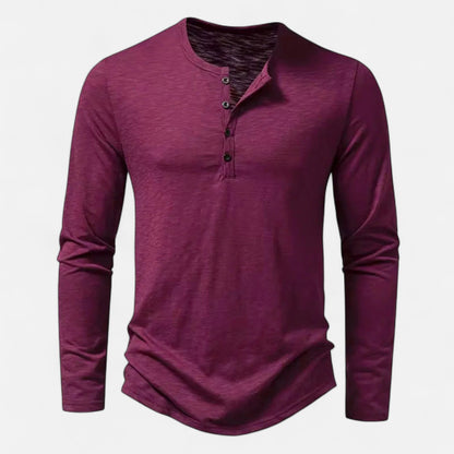 Men's long-sleeve henley shirt with mandarin neckline and button placket