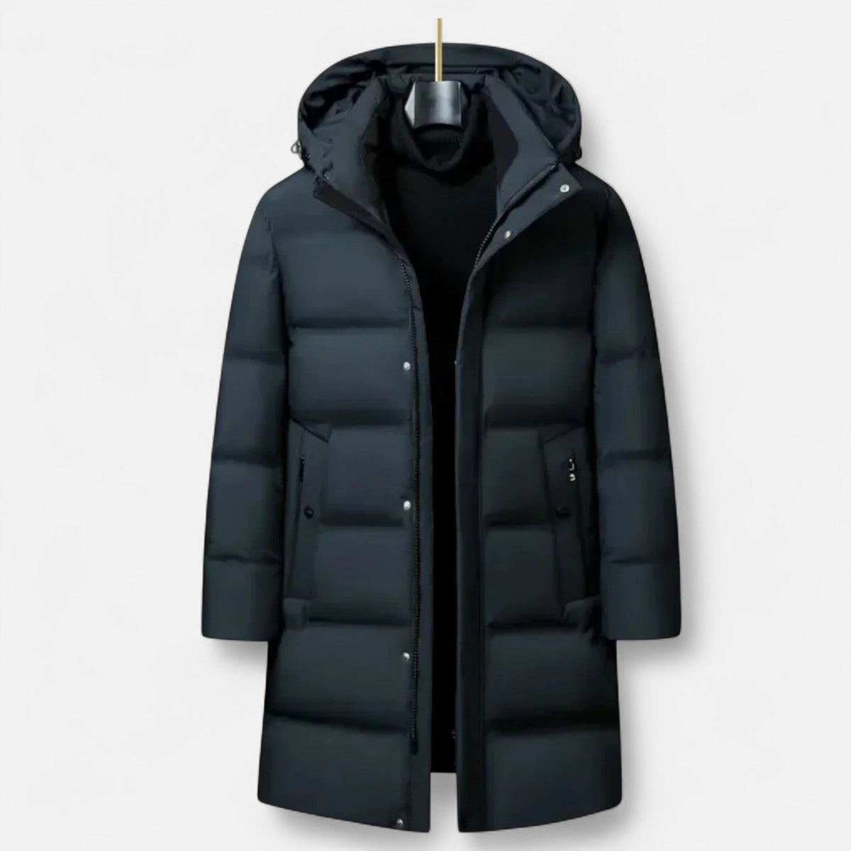 Men's long hooded quilted parka with zip front and snap placket