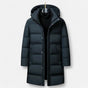 Men's long hooded quilted parka with zip front and snap placket