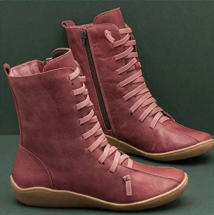 Unisex lace-up ankle boots with side zipper and round toes
