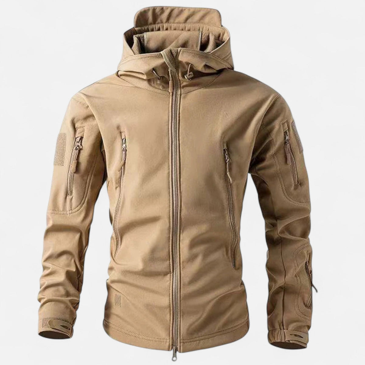 Men's hooded softshell jacket with full zip and multiple zipped pockets