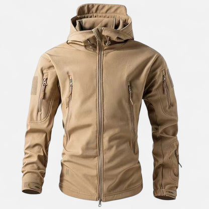 Men's hooded softshell jacket with full zip and multiple zipped pockets