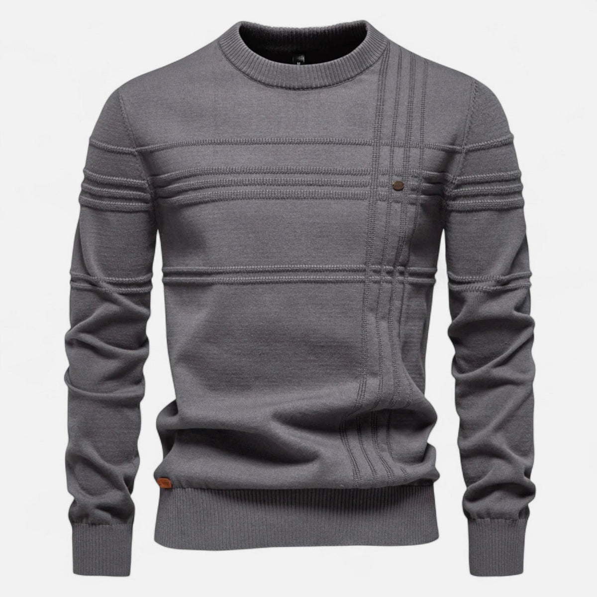 Men's long sleeve striped crew neck sweater with ribbed trims
