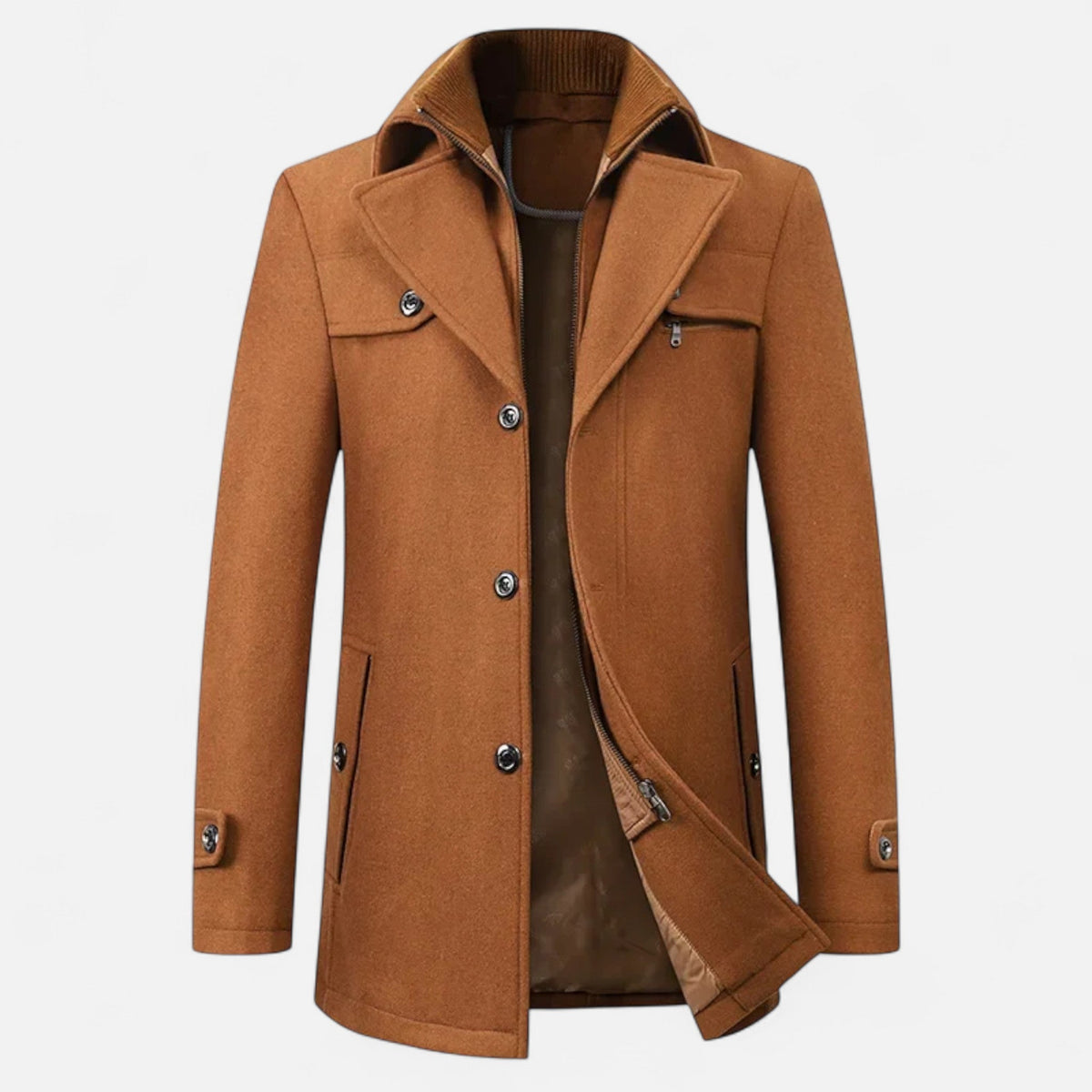 Men's long coat with stand collar, zip and button front