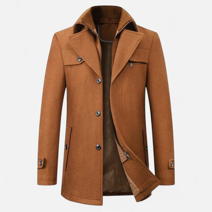 Men's long coat with stand collar, zip and button front