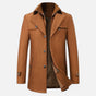 Men's long coat with stand collar, zip and button front