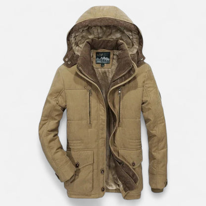 Men's hooded quilted parka jacket with multiple pockets and zip front