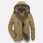 Men's hooded quilted parka jacket with multiple pockets and zip front