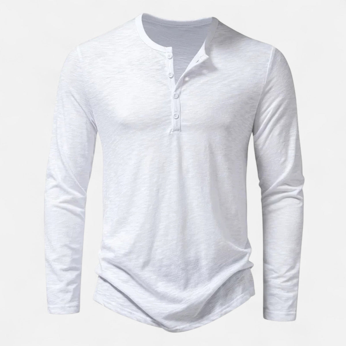 Men's long-sleeve henley shirt with mandarin neckline and button placket