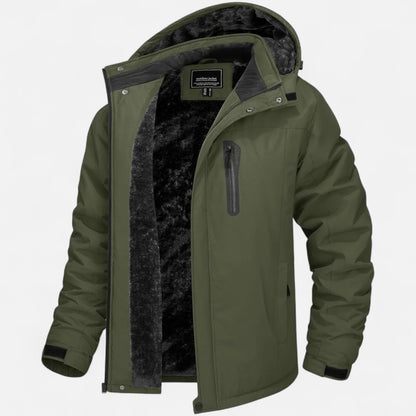 Men's hooded winter parka with fleece-looking lining and camouflage pattern