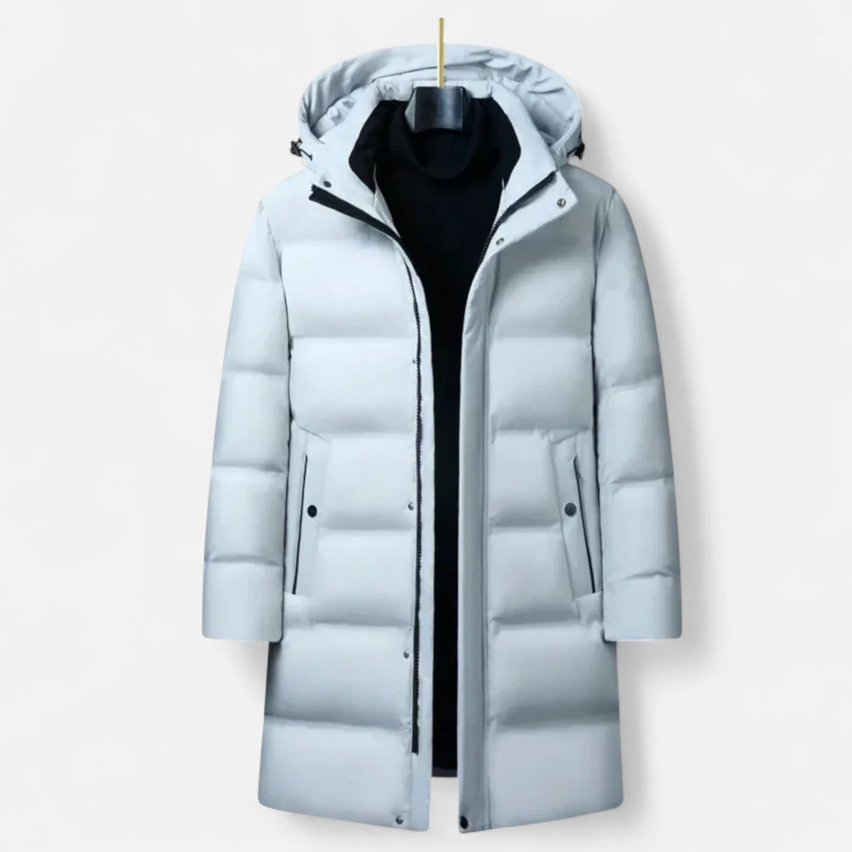 Men's long hooded quilted parka with zip front and snap placket