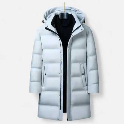 Men's long hooded quilted parka with zip front and snap placket