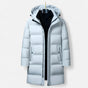 Men's long hooded quilted parka with zip front and snap placket