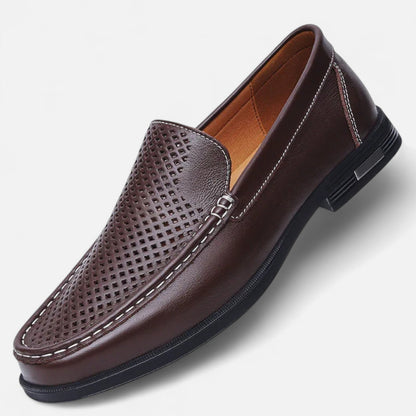 Men's perforated slip-on loafer with stitched trim and flat sole