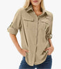 Women's long sleeve utility shirt with button front, roll-tab cuffs and multiple chest pockets