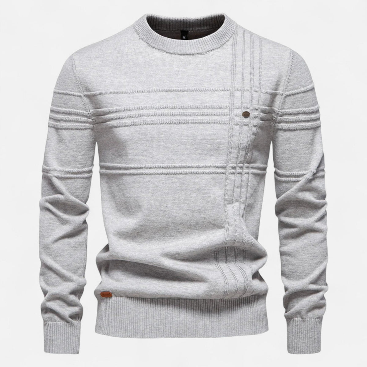 Men's long sleeve striped crew neck sweater with ribbed trims
